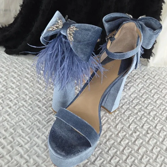 Antonio Melani Womans Powder Blue Platforms  9 Ostrich Feathers Leather Velvet - Picture 11 of 12